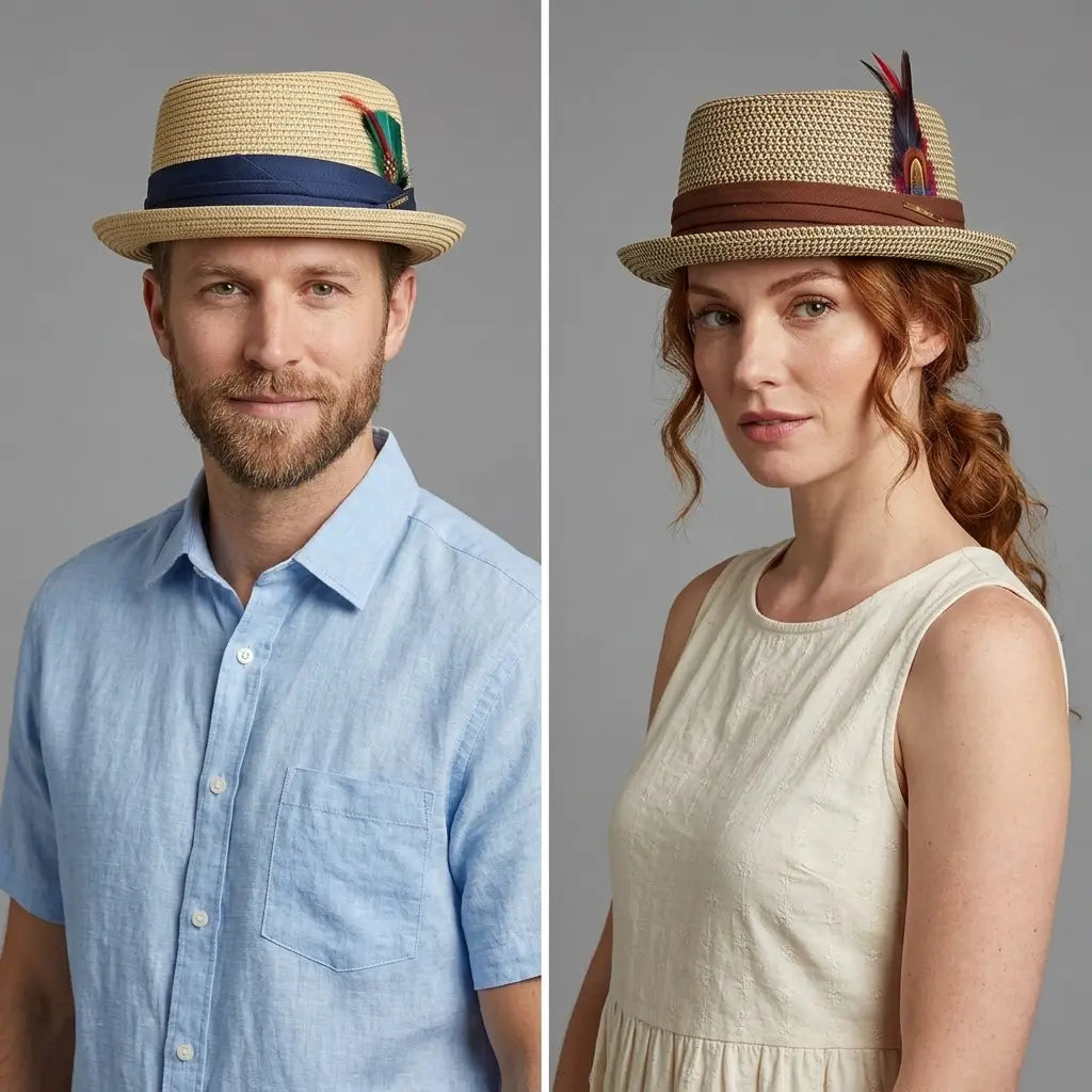 Liguria Handmade Summer Straw Feather Porkpie Hat